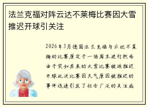 法兰克福对阵云达不莱梅比赛因大雪推迟开球引关注